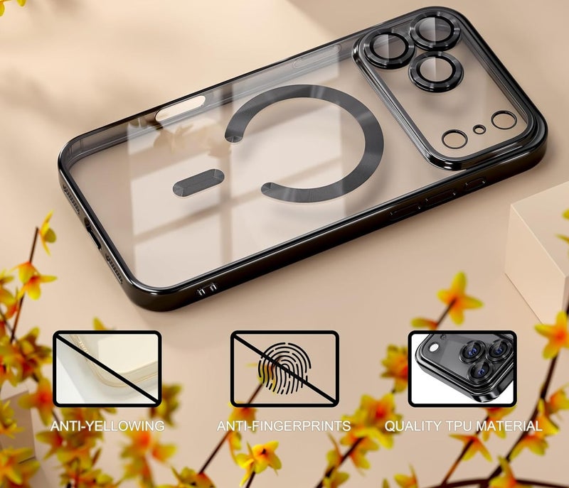 Magnetic case Compatible with iPhone 17 Pro Max, Full Camera Protection with lens, Compatible with wireless charging, Transparent Shockproof slim Protective Case Black. - Image 2